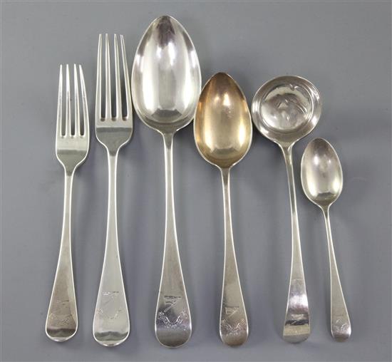 A part canteen of late Victorian silver Old English pattern flatware, by Martin, Hall & Co, 150.9 oz.
